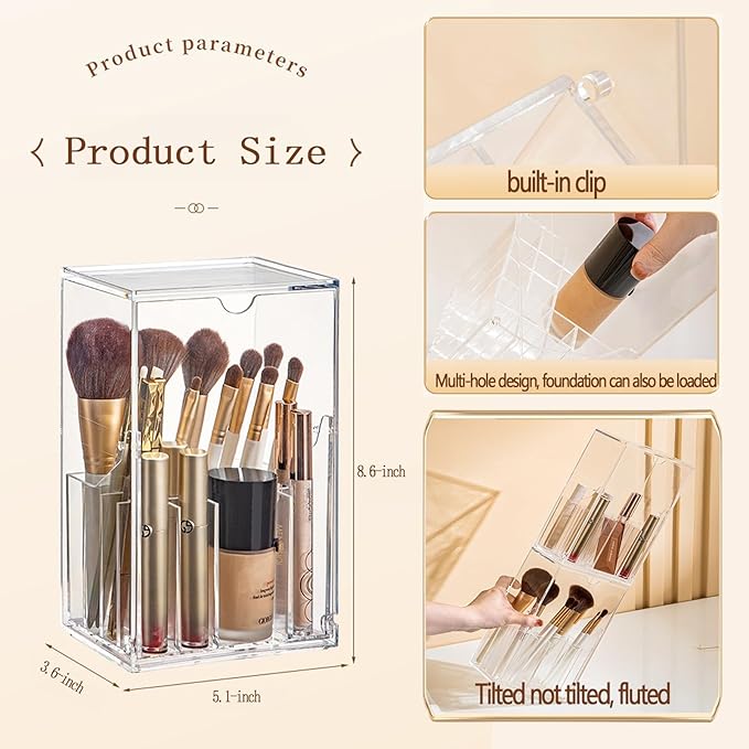 Makeup Brush Organizer With Lid,Thickened Acrylic Brush Holder Dust Proof，Easy To Take,Makeup Brush Storage For Vanity Suitable For Shanks Less Than 0.78 In
