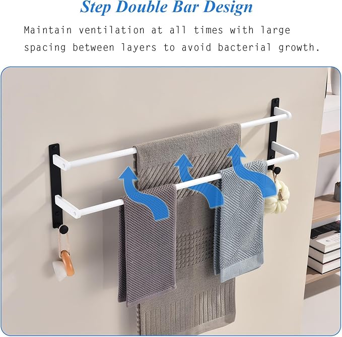 Double Towel Bar with Hooks for Bathroom Wall - 30" Double Layer Stainless Steel Towel Holder Rack, Heavy Duty Long Towel Hanger, White & Black