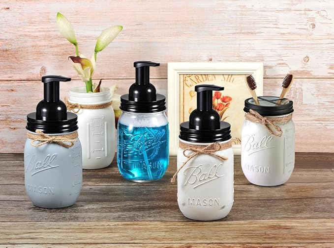 Mason Jar Bathroom Accessories Set(4pcs)-Jars Not Included - Foaming Soap Dispenser and Apothecary Jars Lids for Regular Mouth jar, Wide Mouth Toothbrush Holder lid, Farmhouse Decor-Black