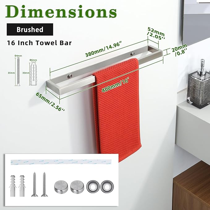 Alise 16 Inch Towel Bar,Towel Holder for Bathroom,Towel Racks for Lavatory,SUS304 Stainless Steel Hand Towel Hanger,Wall Mount Towel Rail,Brushed Finish