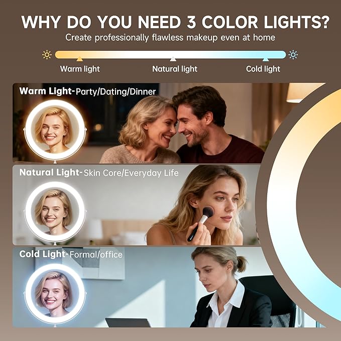 11.8" Extra Large Lighted Makeup Mirror, 1X/10X, 2-Sided Magnifying Mirror with 96 LEDs, 3 Color Dimmable Lights, 360° Swivel, LED Vanity Mirror, White - Great Gift Chrome