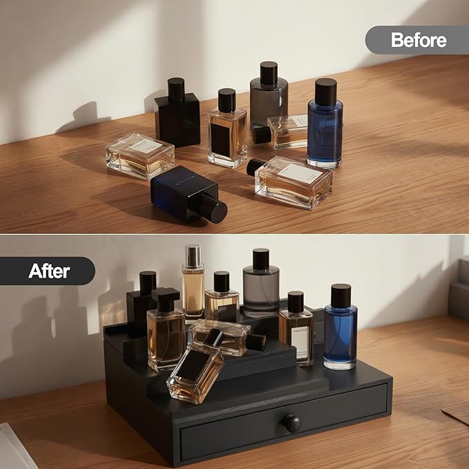 Cologne Organizer for Men,Solid Wood Cologne Stand with Drawer and Hidden Compartments, Nightstand Organizer,Dresser Drawer Organizers,Organizador de Perfumes,Perfume Stand Organizer for Bedroom,Black