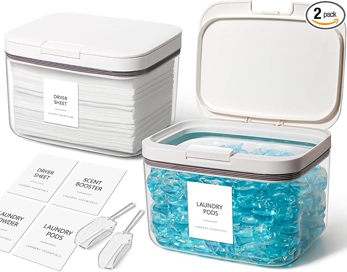 Dryer Sheet Holder and Laundry Pods Container, 2 Pack 2.96 qt. / 95 fl oz Powder Dispenser for Room Organization Decor, Plastic Pod Beads Detergent Storage