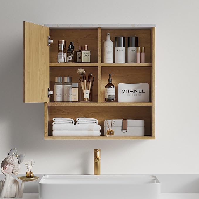 Bathroom Cabinet Wall Mounted Fluted, Modern Medicine Cabinet Over The Toilet Storage Cabinet Faux Marble Top with Adjustable Shelf, Wood Wall Mounted Storage Cabinet Organizer(Oak, Medium)