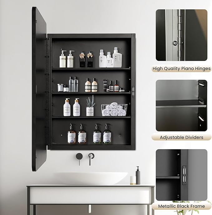 Bathroom Medicine Cabinet with Mirror, 20x30 inch Metal Black Recessed Medicine Cabinet with 3 Adjustable Metal Shelves, Rounded Rectangle Storage Cabinet