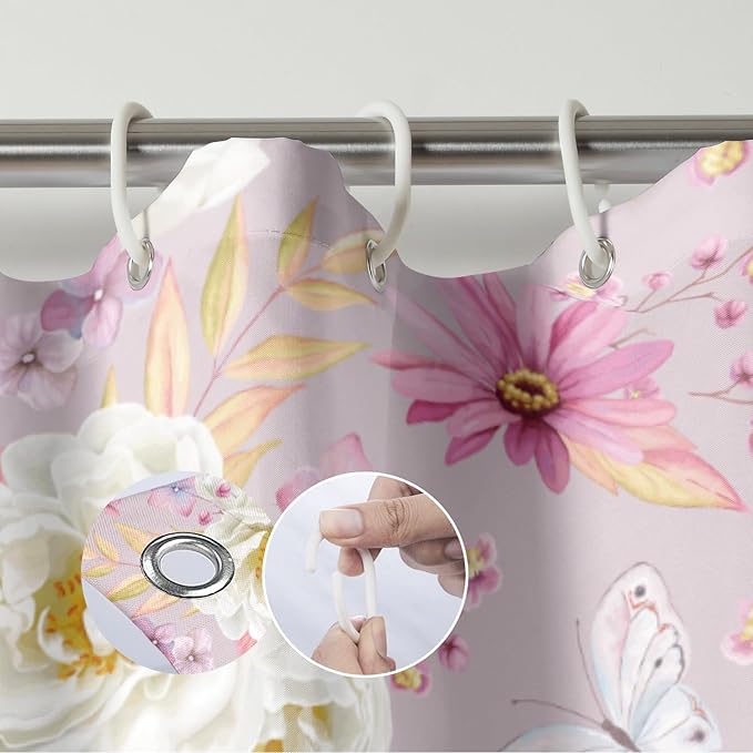 Pink Floral Shower Curtains, Watercolor White Roses Pink Pyrethrum Flower and Butterflies Shower Curtains, Waterproof Fabric Spring Floral Pattern Bathroom Shower Curtain, 72 x 72 Inch