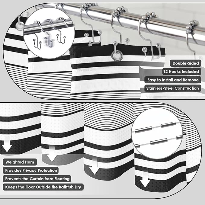 Britimes Black Stripes Bathroom Sets with Shower Curtain and Rugs, Ombre Minimalist Modern Striped Waterproof Shower Curtain Liner and Soft Non Slip Bath Mat for Bathroom Decor and Accessories Hooks