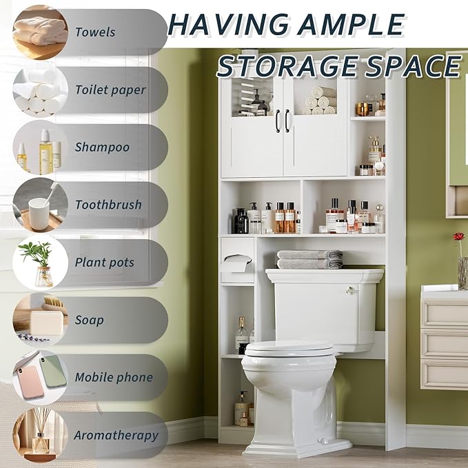 Farmhouse Style Over Toilet Storage Cabinet, 67" Tall Bathroom Organizer Unit with Sliding Barn Doors & Open Shelving for Bathroom, Neutral Wood Grain Finish