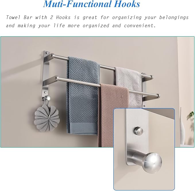 24-Inch Double Towel Bar with Hooks, Brushed Stainless Steel Bathroom Towel Rack - Wall Mounted Towel Holder