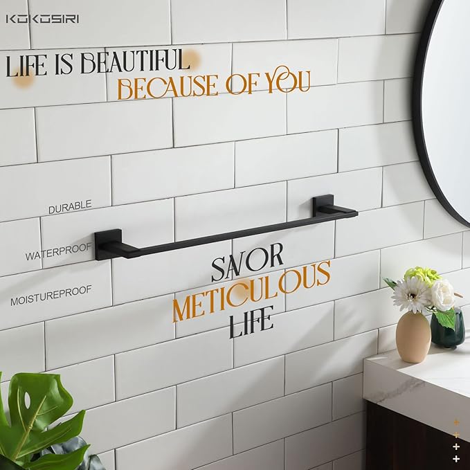 KOKOSIRI Towel Bars Matte Black Bathroom Towel Rails Wall Mounted, 24 Inches Bath Towel Holder for Kitchen Toilet Cabinet Showeroom, Stainless Steel B4006BK-L24