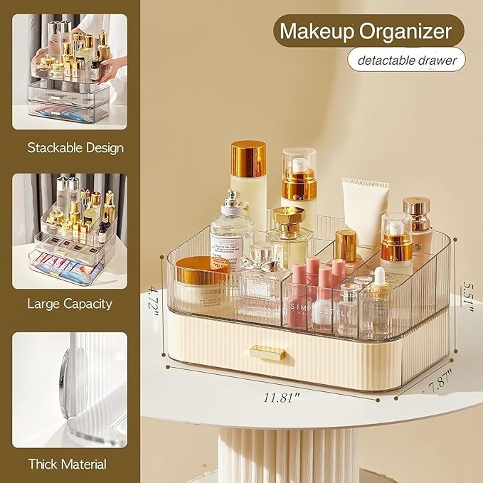 Makeup Organizer with Drawer, Stackable Cosmetic Organizer for Vanity and Bathroom Countertop, Clear Storage for Perfume, Skincare, Lipstick and Brushes, Cream White
