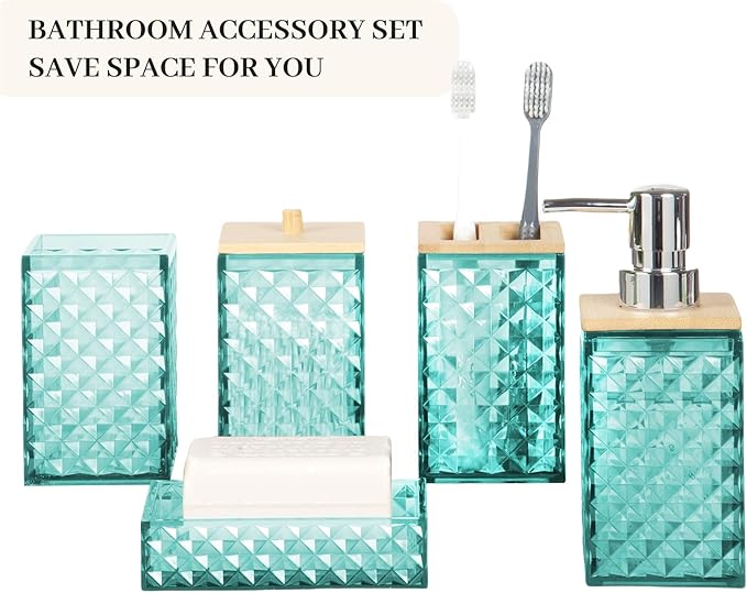 Bathroom Accessory Set, Grid Pattern 5 Pcs Plastic Bathroom Set Include Qtip Holder Dispenser, Soap Dispenser, Soap Dish, Toothbrush Holder, Mousewash Cup, Modern Bathroom Décor Set(Teal)
