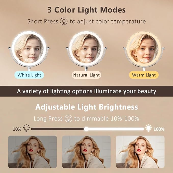 Lighted Makeup Mirror,4000mAh Rechargeable Double Sided Magnifying Mirror 1x/10x with 3 Colors Stepless Dimming, 360° Rotation Vanity Mirror with Lights, Memory Function,Women Gift