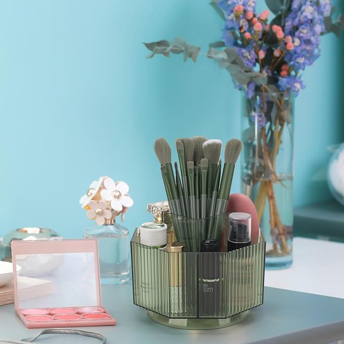 Makeup Brush Holder, 360?? Rotating Makeup Brush Organizer, Cosmetic Brushes Storage with 5 Slots for Vanity, Multi-Functional Pen Holder, Colored Pencil, Art Brushes Organizer for Desk (Green)