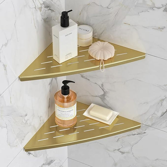 Qeke Corner Shower Shelf Brushed Golden, 304 Stainless Steel 11.5” Recessed Corner Shelf Bathroom for Tiled Wall, Floating Shower Shelves Shampoo Holder, No Drilling, 2 Pack
