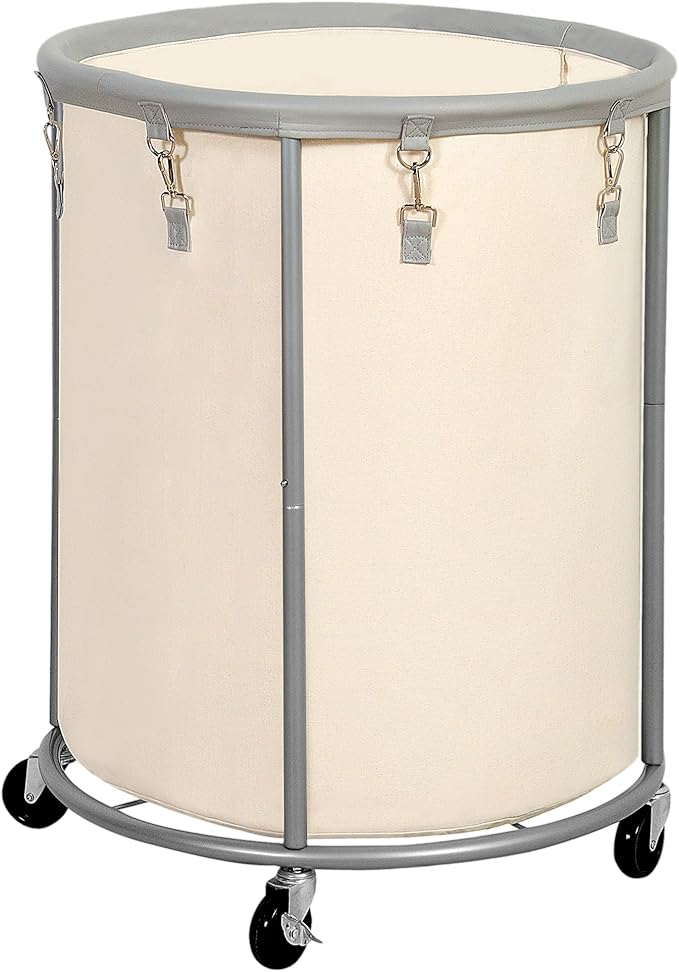 STO STO Rolling Laundry Hamper with Wheels – 185L (48 Gallon) Extra Large Industrial Clothes Laundry Basket with Removable Bag, Round Cart Sorter for Bedroom, Hotel, Beige & Gray