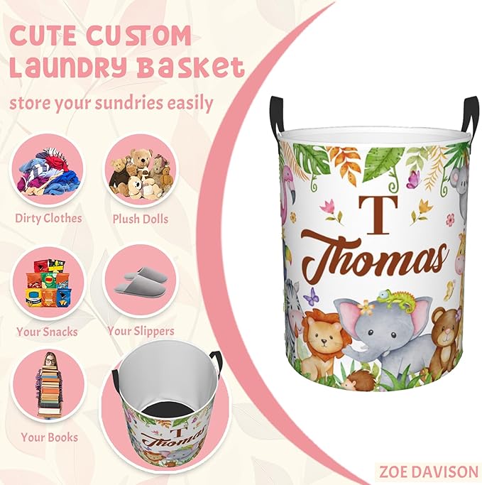 Custom Animal Laundry Baskets, Personalized Animal Pattern Gifts with Customized Name, Collapsible Laundry Hamper for Kids Adults Home Decoration,16.5 X 13.8in