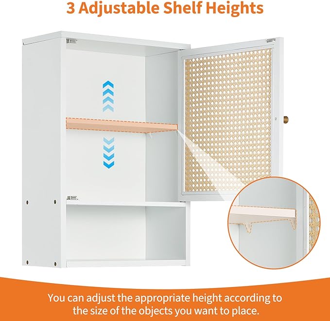 Bathroom Wall Cabinet, Bamboo Medicine Cabinet with Rattan Doors, Adjustable Shelf, Wall Mounted Storage Cabinet for Bathroom, Kitchen, Laundry Room White