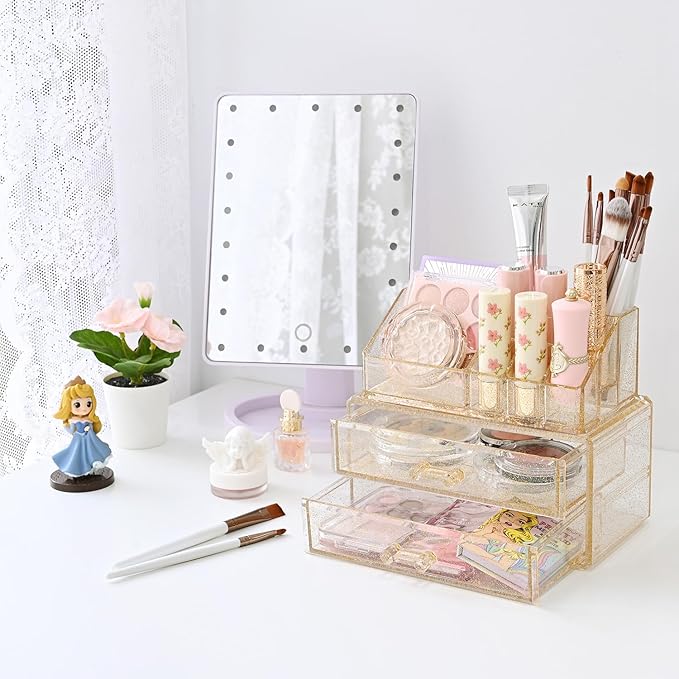 Ikee Design Acrylic Makeup Organizer with 2 Drawers Removable Top Lipstick Holders, Cosmetics Organizer for Skincare, Accessories, Lip Gloss for Vanity or Bathroom Countertop, Gold Glitter