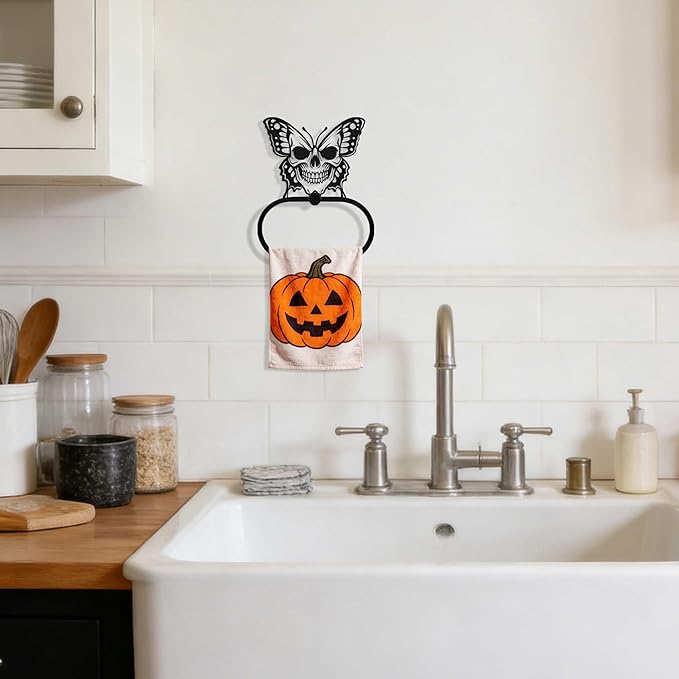 Black Metal Gothic Skull Butterfly Towel Ring, Goth Witchy Skeleton Wall Hand Towels Holder, Gothic Bathroom & Kitchen Accessories, Wall Hanging Towel Rack Home Decor Gift Indoor Outdoor