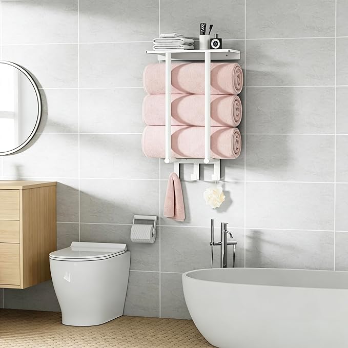 Towel Rack with Shelf and 3 Hooks, Bethom Towel Holders for Bathroom Wall Mounted, Metal White Towel Racks can Hold 3 Large Bath Sheets Blanket