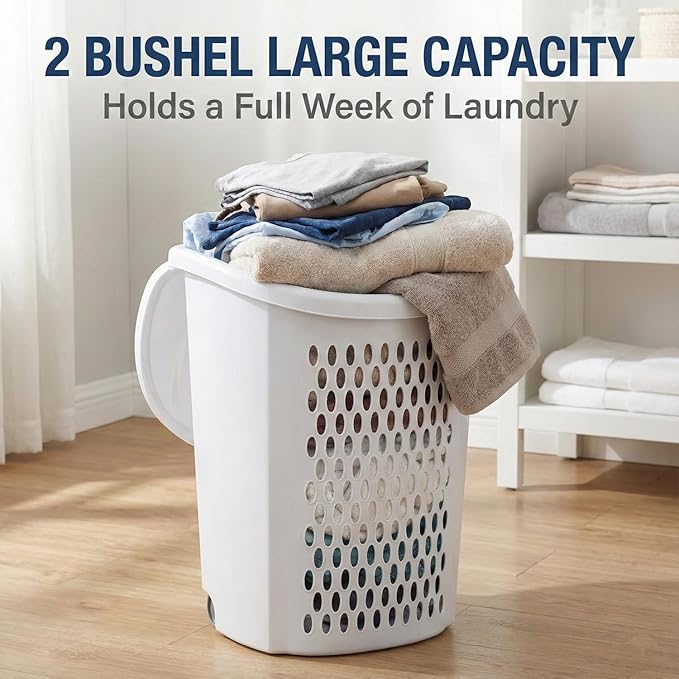 Laundry Hamper with Wheels and Lid, 2-Bushel Capacity, Plastic, White, Rolling Basket with Handle