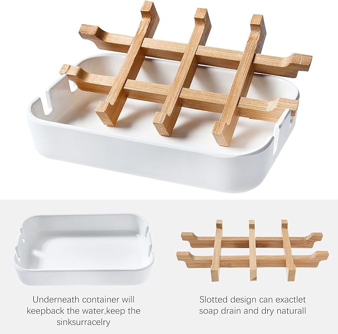 Soap Dishes for Bar Soap, White Bathroom Soap Holder, Bamboo Soap Dishes Holder for Bathroom Shower, Bathroom Sink Soap Dish, White Soap Tray.