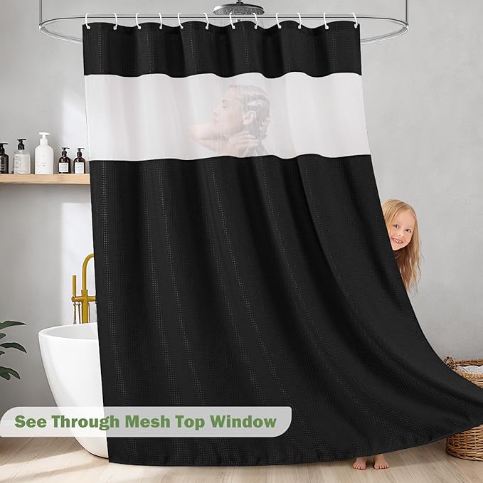 UFRIDAY Waffle Weave Shower Curtain 72x72 inch,Hotel Style Bath Curtain with Mesh Window, Heavy Duty Thick Fabric Shower Curtain for Bathroom,Washable Water Resistant，Black