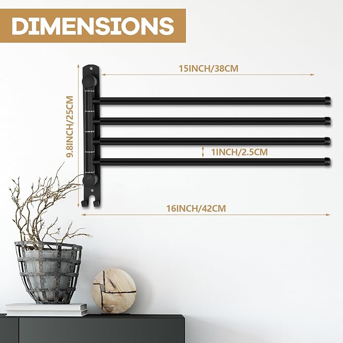 Teenyyou 20.4 Inches Swivel Towel Rack 304 Stainless Steel 4 Arms Bathroom Towel Rack Hanger Pool Holder Wall Mounted Swivel Bar Space Saving with Hook(Black)