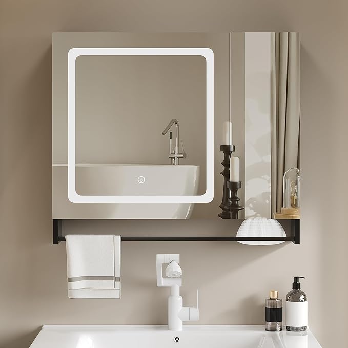 ChooChoo Bathroom Medicine Cabinet with Mirror, Modern Mirror Cabinet with LED Lights, Bathroom Wall Cabinet with Adjustable Shleves, Towel Bar, Black