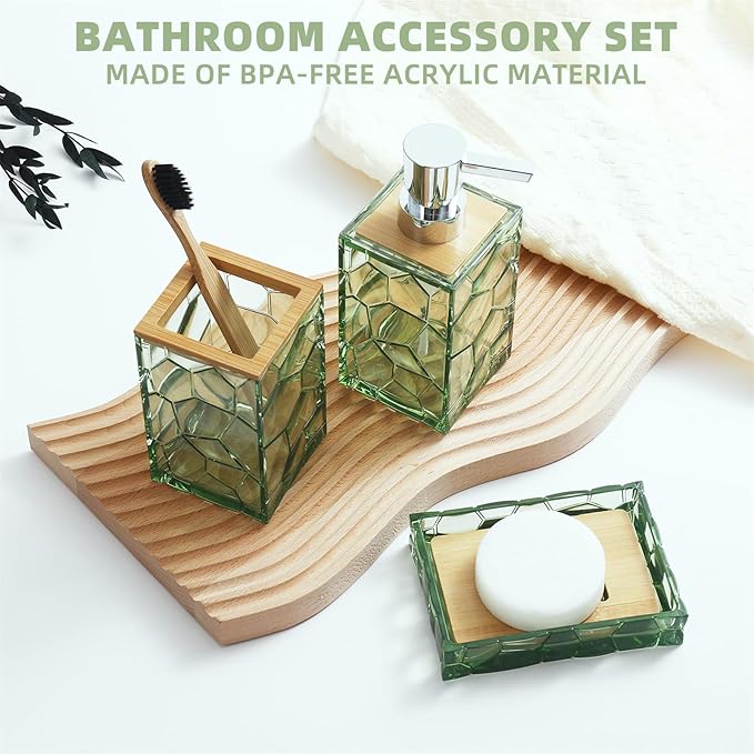 GAHEFY Sage Green Bathroom Accessories Set, Toothbrush Holder, Soap Dispenser, Cotton Swabs Holder, Soap Dish, Toilet Brush with Holder, Boho Bamboo Bathroom Decor,Acrylic (Green)