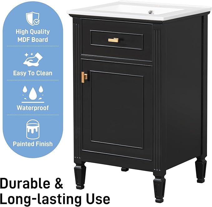 Virubi 20 in Small Bathroom Vanity with Sink,Soft Closing Door,Tilt-Out Drawer and Adjustable Shelf,Solid Wood Modern Single Bathroom Sink Cabinet,Freestanding (Black)