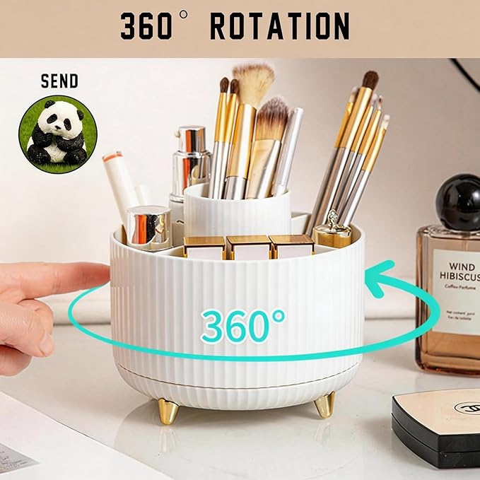 360° Rotating Makeup Brush Holder Organizer, White 5-Slot Spinning makeup organizer Cup for Women, Vanity Desk & Bathroom Storage for Cosmetics, Nail Polish and Beauty Tools