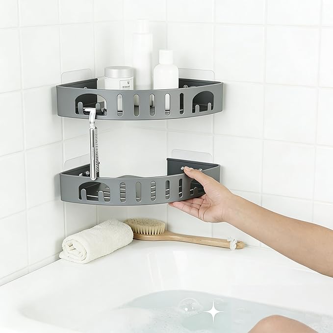 Adhesive Corner Shower Shelf No Drill | Rust-Proof Aluminum Alloy Stick On Bathroom Organizer with Shaving Holder for Shampoo, Conditioner, Soap, Razors Grey 3 Pack
