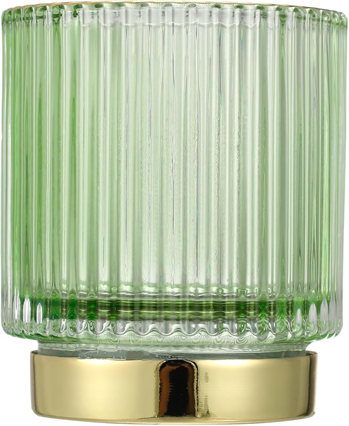 VOCOSTE Makeup Brush Holder Organizer, Glass Makeup Brushes Holder, Cosmetic Brushes Storage Holder, Dresser Striped Vase Make Up Brush Cup Eyeliners for Desktop, Green, S Size