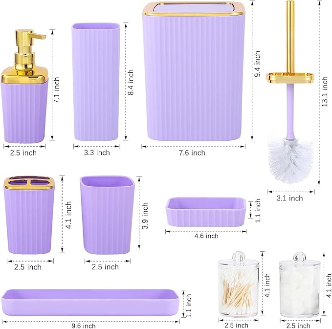 Purple Bathroom Set, 23 PCS Purple Bathroom Accessories Set with Shower Curtains, Trash Can, Toothbrush Holder, Soap Dispensers, Toothbrush Cup, Vanity Tray, Soap Dish, Toilet Brush, Qtip Holders