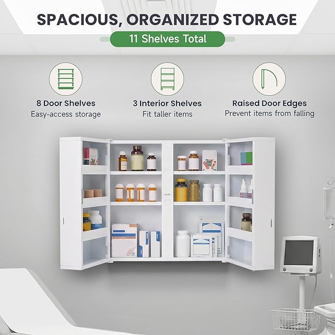 Large Locking Medicine Cabinet Wall Mounted - Metal Medical Cabinet with 11 Shelves - Medicine Cabinet with Lock and Keys for Safe Medication Storage