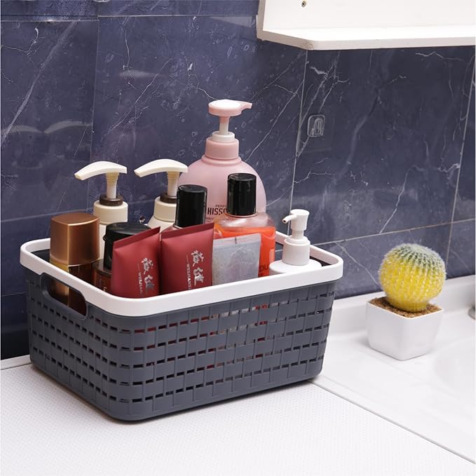 Plastic Storage Bin Baskets, Toilet Paper Basket for Bathroom, Plastic Organizer Shower Caddy with Handles for Living Room (Dark Grey 2 Pack)