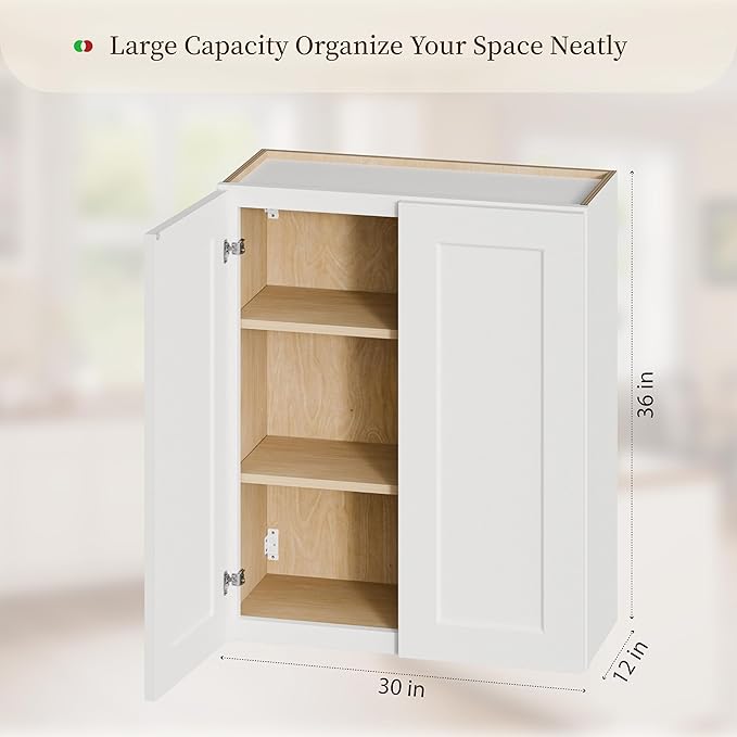Kisart Laundry Room Cabinets Wall Mounted with Doors & Shelves, Solid Wood RTA Medicine Storage Cabinet, 30" Wx36 Hx12 D Inch White Shaker Hanging Cupboard, Space-Saving for Kitchen, Bathroom, Garage