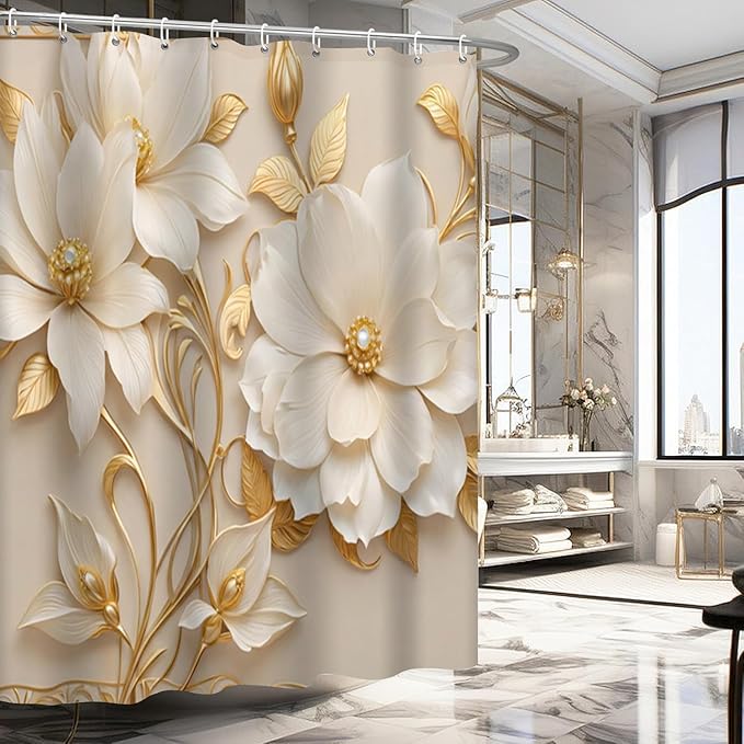 NBVKO 4Pcs Luxury Magnolia Blossoms Printed Shower Curtain Set with 12 Hooks Non-Slip Rugs,Toilet Lid Cover and Bath Mat,Gold Bathroom Decor for Hotel & Home Bathroom
