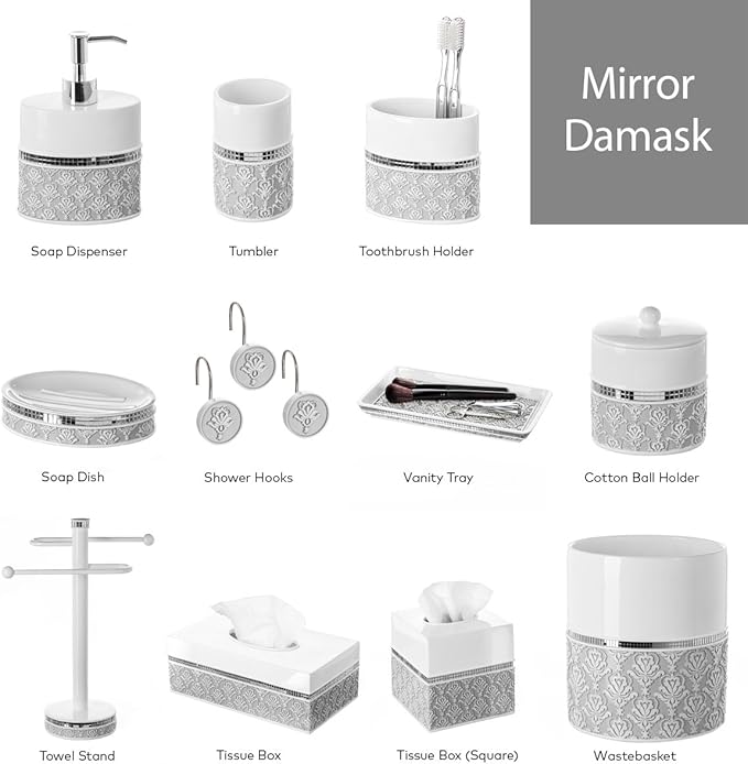 Creative Scents Mirror Damask Small Bathroom Trash Can 1.58 Gal / 6L - Decorative Oval White and Gray Waste Basket - Durable Bathroom Wastebasket - Waste Bin for Powder Room Or Bedroom