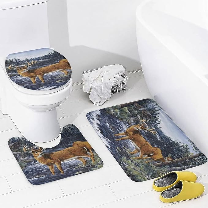 Oil Painting Cabin Wildlife 4 Piece Shower Curtain Sets, Non-Slip Rugs, Toilet Lid Cover and Bath Mat, Durable and Waterproof, for Bathroom Decor Set One Size
