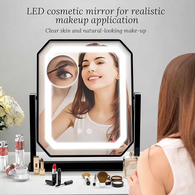 Lighted Makeup Mirror, 3 Colors for Precise Application, Touch Control Brightness Adjustment for Easy Use, with a Detachable 10x Magnifying Mirror, 12“ x 10” Hollywood Vanity Mirror for Plug-in Use
