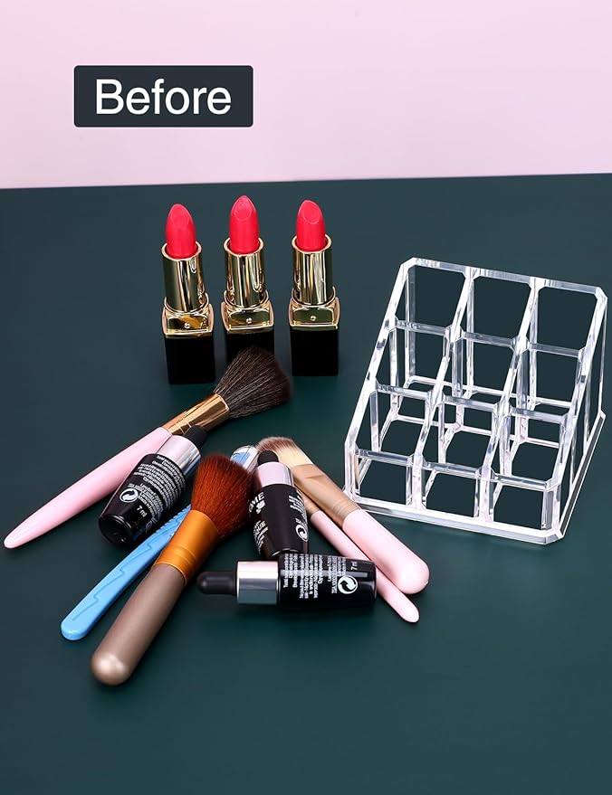 MOSIKER Lipstick Lip Gloss Organizer,Small Clear Acrylic Compact Essential Oil Rollerball Perfume Holder with 9 Slots