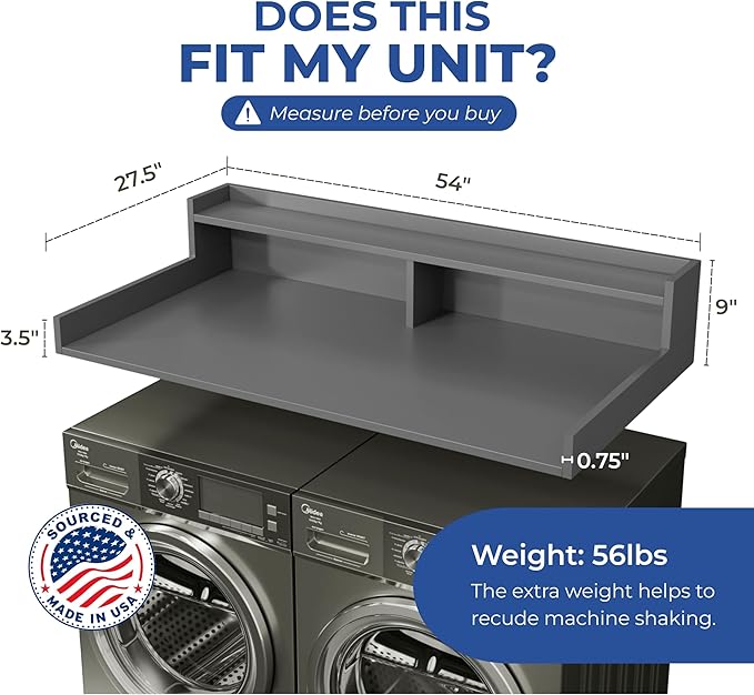 OfficeSimpli Washer Dryer Countertop with Shelf - 27.5 x 54 Inch - Made in USA Laundry Countertop Over Washer and Dryer with Non-Slip Pads, Storage Shelf, Laundry Topper Organizer, Grey