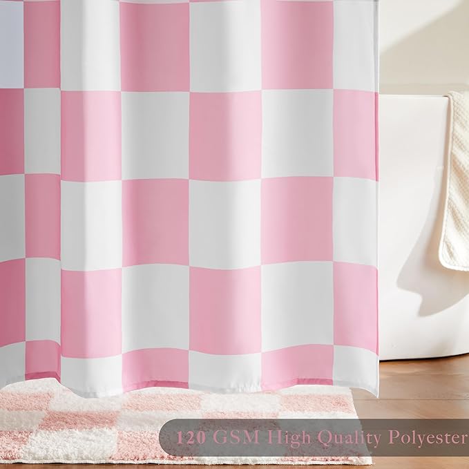 Checkered Shower Curtain, Pink Shower Curtains for Bathroom, Cute Retro Checkboard Shower Curtain Vintage Aesthetic, Washable Fabric Bath Curtain 72''x72''