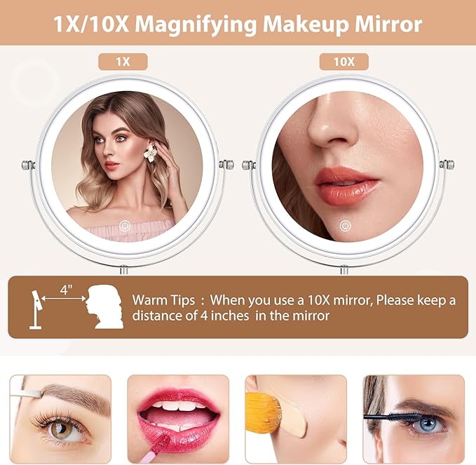 8" Lighted Makeup Mirror with Adjustable Height, 1X/10X Magnification, Rechargeable LED Vanity Mirror with 3 Color Modes, 360° Rotating Touch Screen, Magnifying Tabletop Cosmetic Mirror