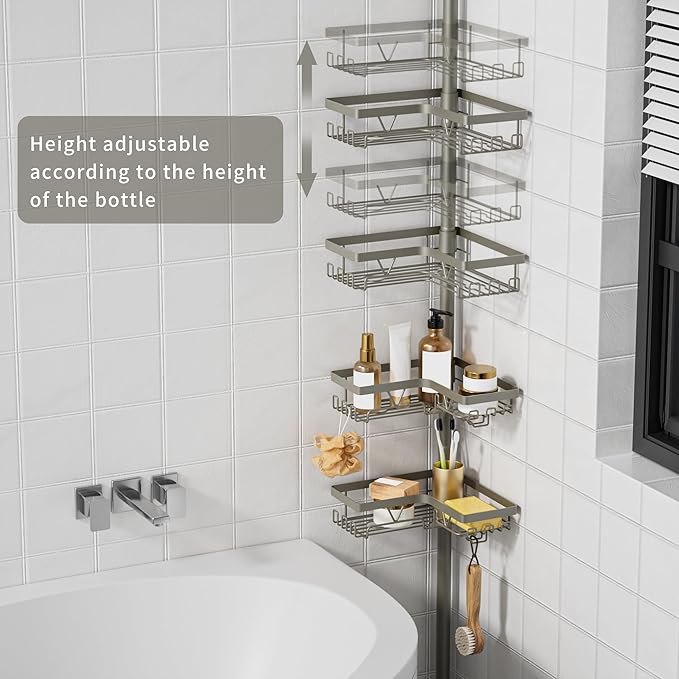 KEGII Shower Caddy Tension Pole, 4-Tier Rustproof Adjustable Corner Bathroom Organizer for Renters, 25–114.2 Inch No Drill Space-Saving Shower Storage Rack, Silver Gray