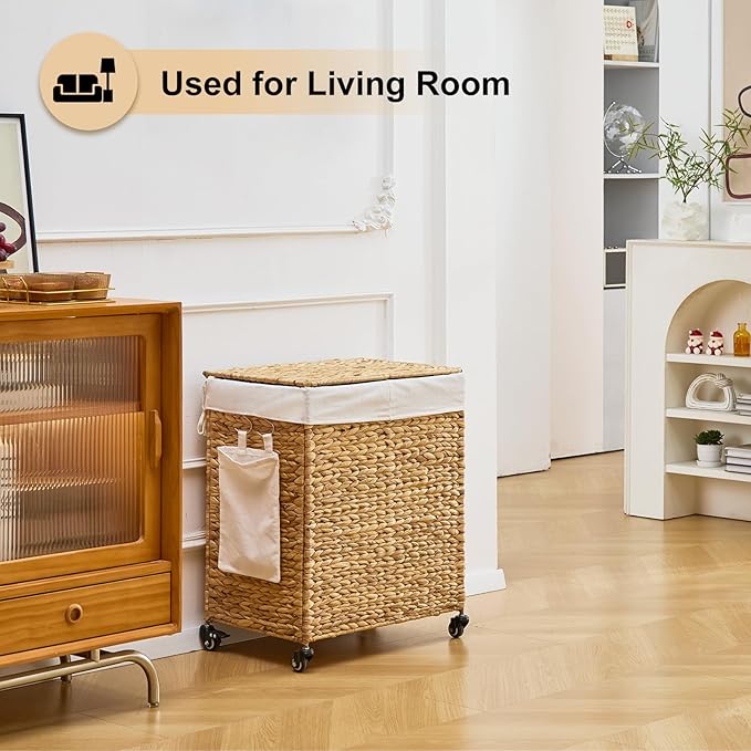 Handwoven Hamper with Lid, Laundry Basket with Wheels, Machine Washable Liner, 2 Section Clothes Hamper for Bathroom Laundry Room Bedroom(Natural, 125L)