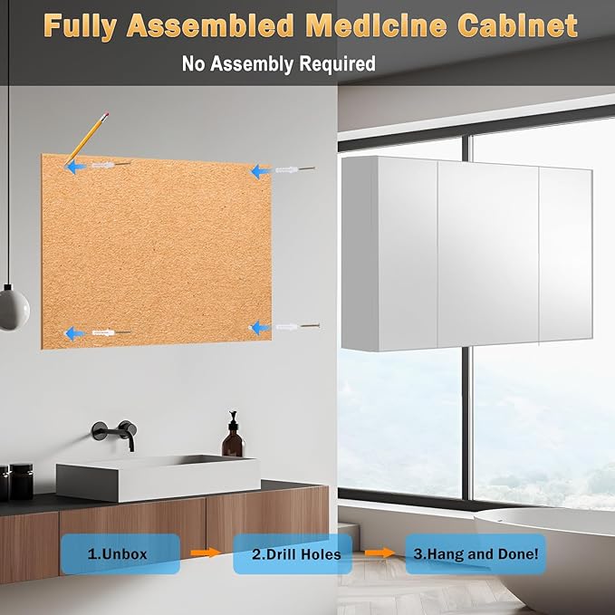 24x40 Inch Bathroom Medicine Cabinet with Mirror, Pre-Assembled Bathroom Medicine Cabinets, Surface/Recessed Wall Mounted Farmhouse Large Medicine Cabinet, Sliver